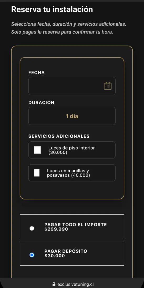 Flujo de reserva real en exclusivetuning.cl