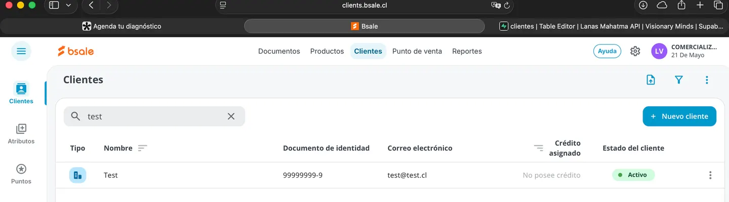 Cliente de prueba creado en Bsale